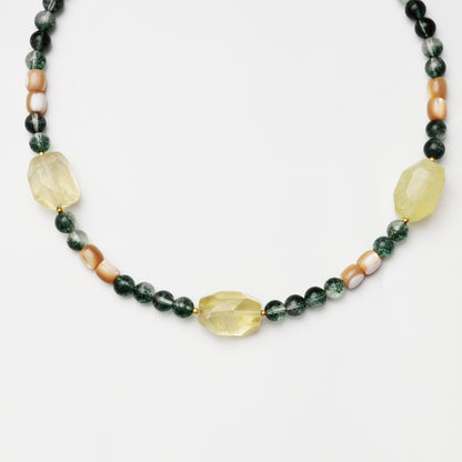 Green Phantom Quartz Round Bead, Mother-of-Pearl Barrel Bead & Citrine Freeform Necklace