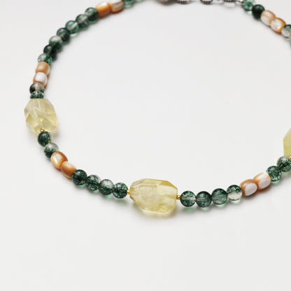 Green Phantom Quartz Round Bead, Mother-of-Pearl Barrel Bead & Citrine Freeform Necklace