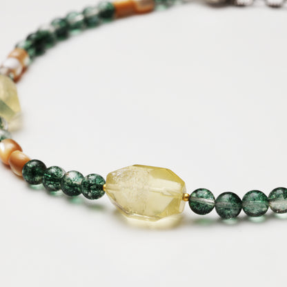 Green Phantom Quartz Round Bead, Mother-of-Pearl Barrel Bead & Citrine Freeform Necklace