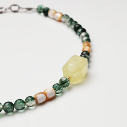 Green Phantom Quartz Round Bead, Mother-of-Pearl Barrel Bead & Citrine Freeform Necklace