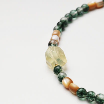 Green Phantom Quartz Round Bead, Mother-of-Pearl Barrel Bead & Citrine Freeform Necklace