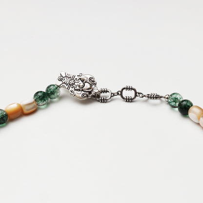 Green Phantom Quartz Round Bead, Mother-of-Pearl Barrel Bead & Citrine Freeform Necklace