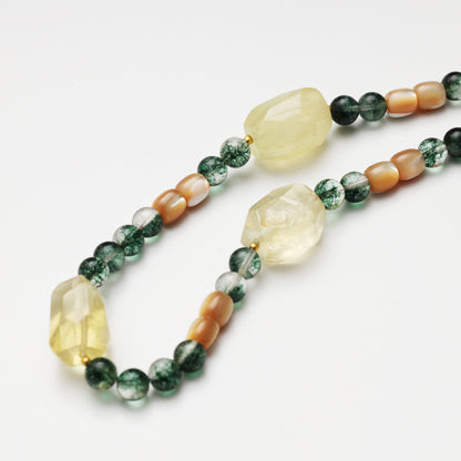 Green Phantom Quartz Round Bead, Mother-of-Pearl Barrel Bead & Citrine Freeform Necklace