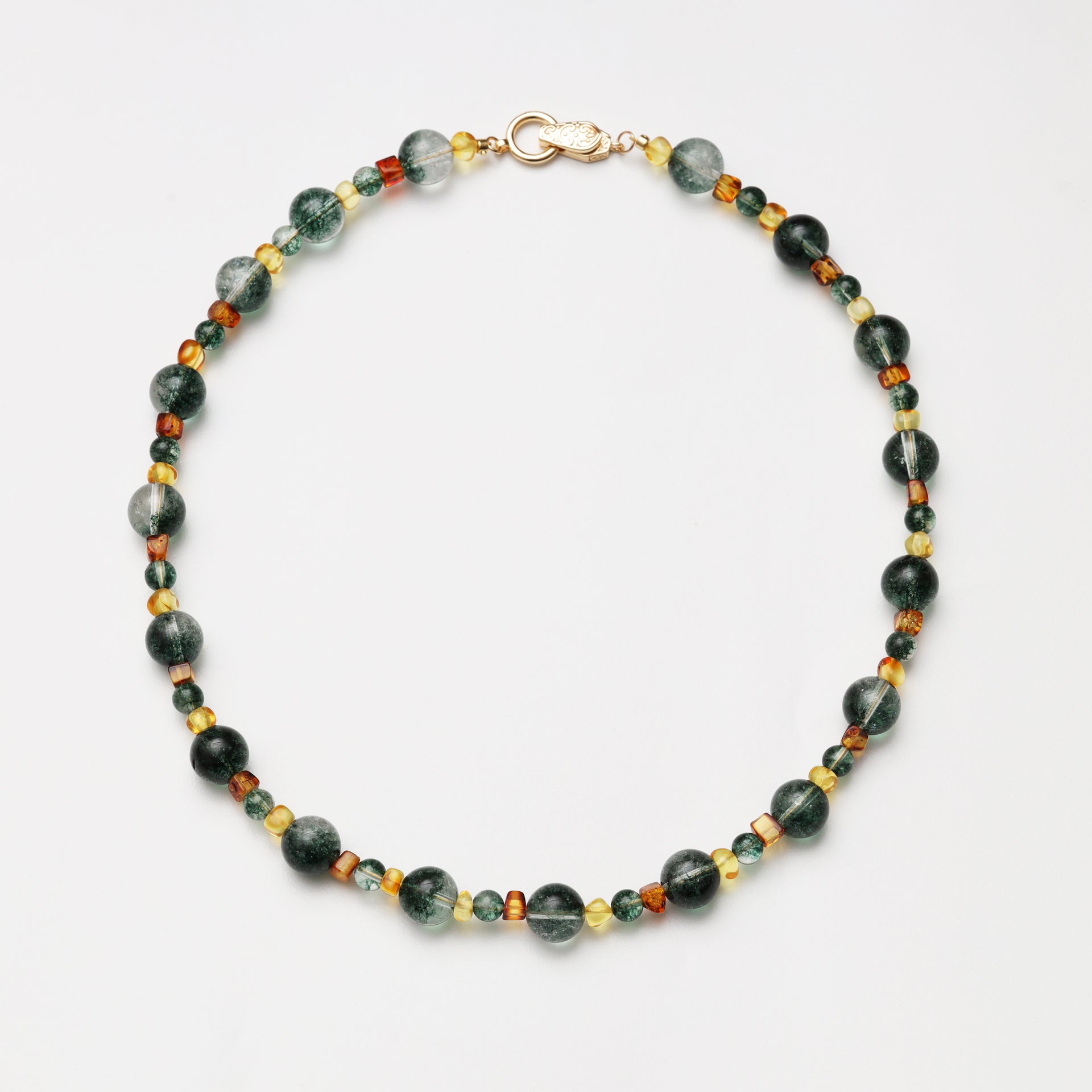 Green Phantom Quartz Round Bead with Amber Spacer Bead Necklace