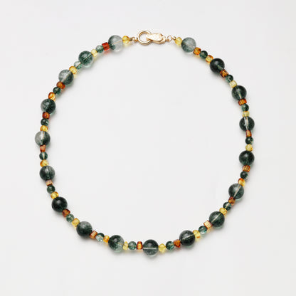 Green Phantom Quartz Round Bead with Amber Spacer Bead Necklace