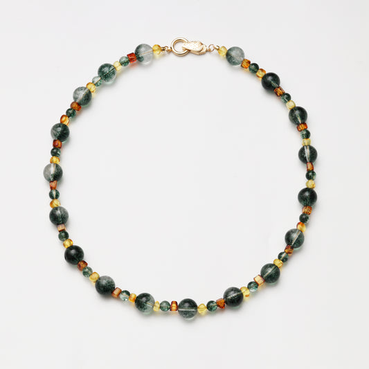 Green Phantom Quartz Round Bead with Amber Spacer Bead Necklace