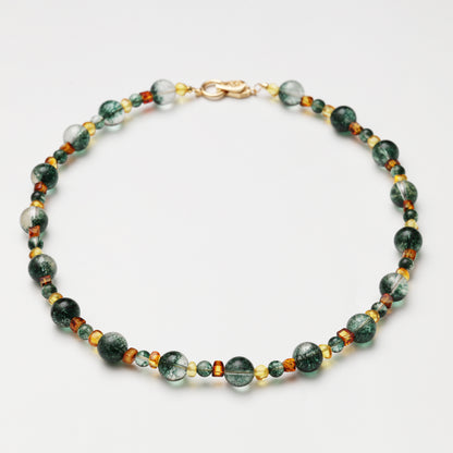 Green Phantom Quartz Round Bead with Amber Spacer Bead Necklace