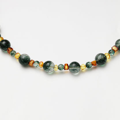 Green Phantom Quartz Round Bead with Amber Spacer Bead Necklace