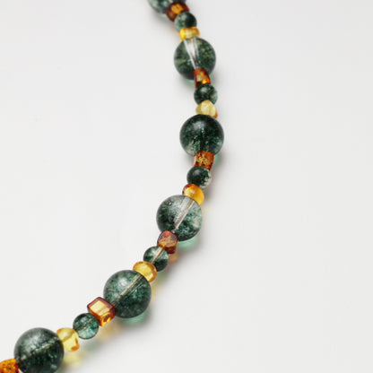 Green Phantom Quartz Round Bead with Amber Spacer Bead Necklace