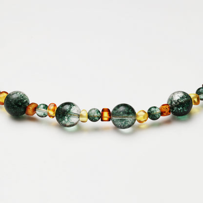 Green Phantom Quartz Round Bead with Amber Spacer Bead Necklace