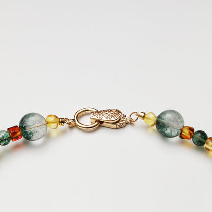 Green Phantom Quartz Round Bead with Amber Spacer Bead Necklace