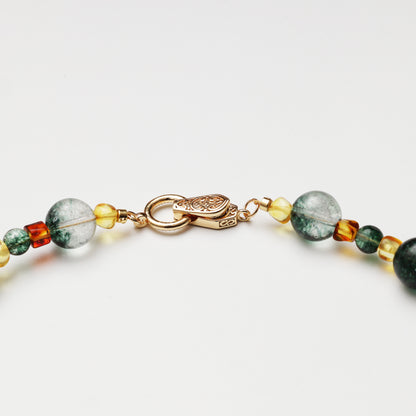 Green Phantom Quartz Round Bead with Amber Spacer Bead Necklace