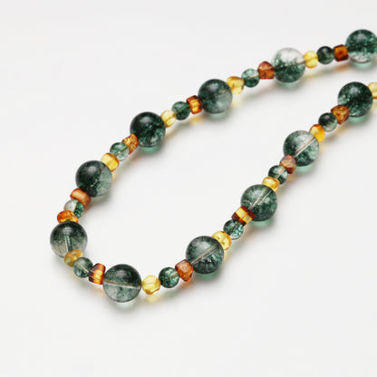 Green Phantom Quartz Round Bead with Amber Spacer Bead Necklace