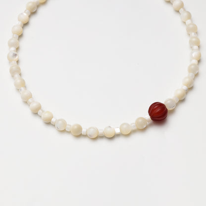 Mother-of-Pearl Round Bead & Pumpkin-shaped Agate Necklace