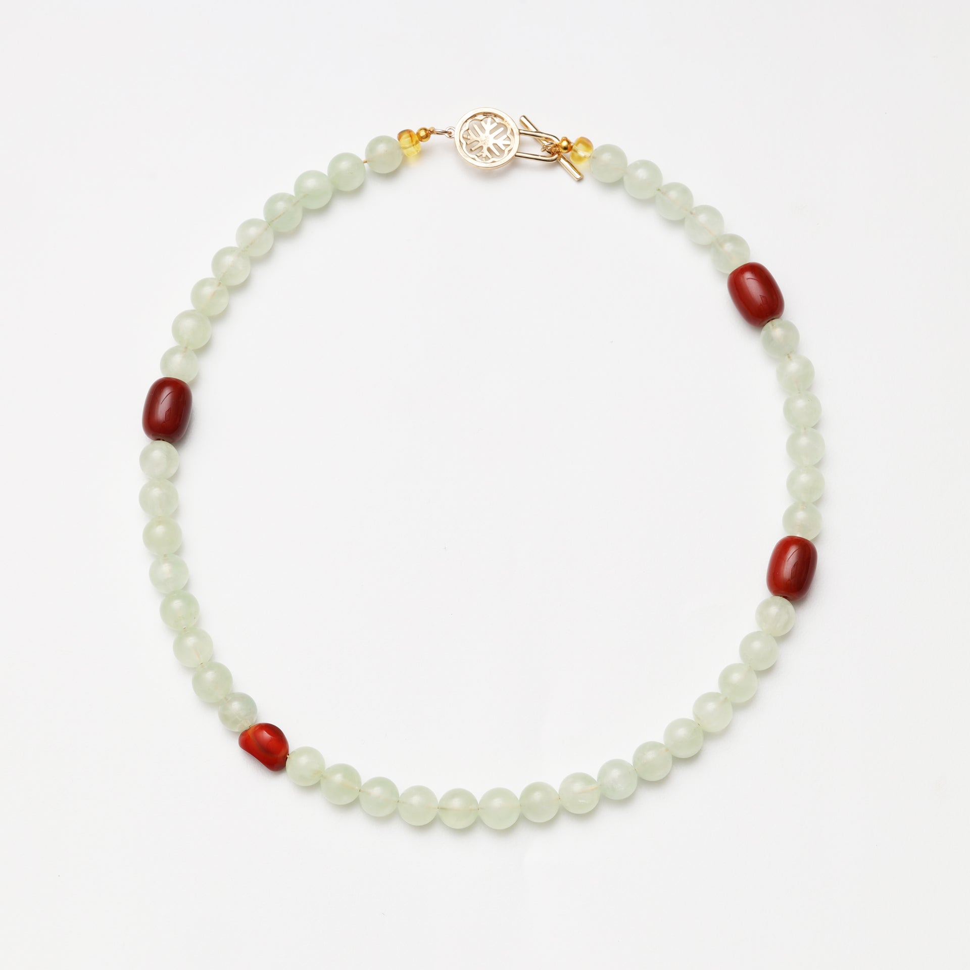 Prehnite Round Bead, Agate Barrel Bead & Red Agate Ingot Necklace