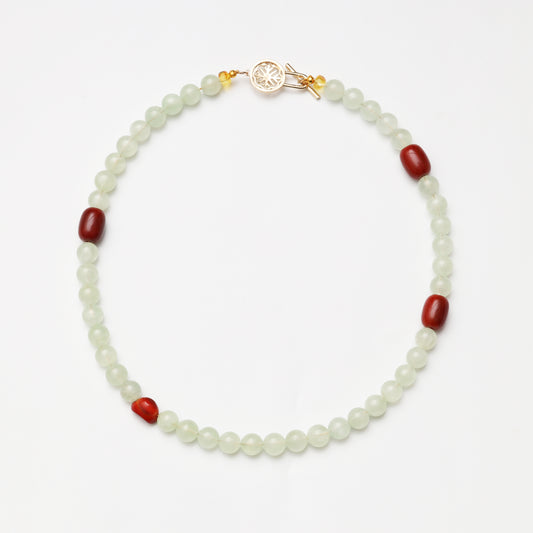 Prehnite Round Bead, Agate Barrel Bead & Red Agate Ingot Necklace