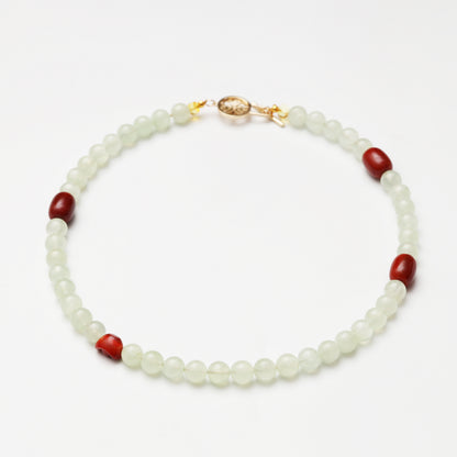 Prehnite Round Bead, Agate Barrel Bead & Red Agate Ingot Necklace