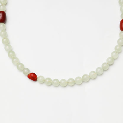 Prehnite Round Bead, Agate Barrel Bead & Red Agate Ingot Necklace