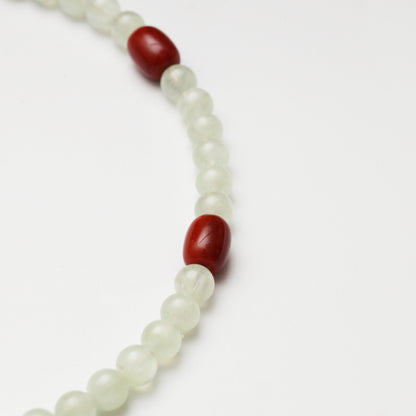 Prehnite Round Bead, Agate Barrel Bead & Red Agate Ingot Necklace
