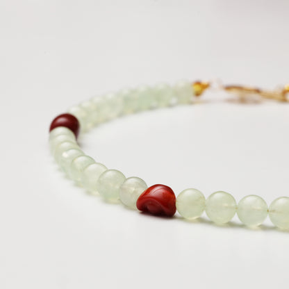 Prehnite Round Bead, Agate Barrel Bead & Red Agate Ingot Necklace