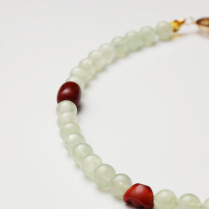 Prehnite Round Bead, Agate Barrel Bead & Red Agate Ingot Necklace