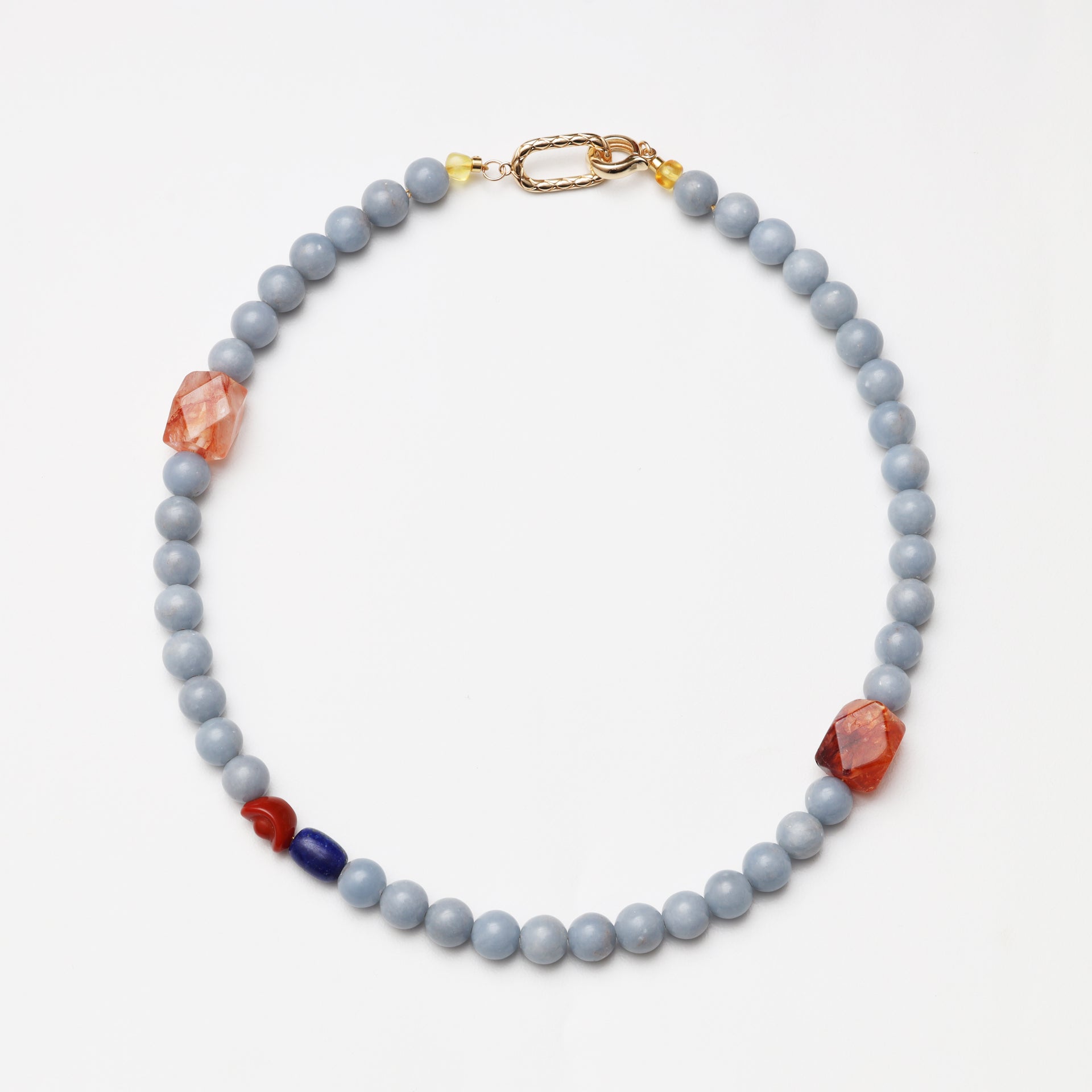 Celestite Round Bead, Red Flower Agate Freeform, Lapis Lazuli & Red Agate Necklace