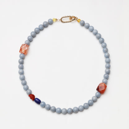 Celestite Round Bead, Red Flower Agate Freeform, Lapis Lazuli & Red Agate Necklace