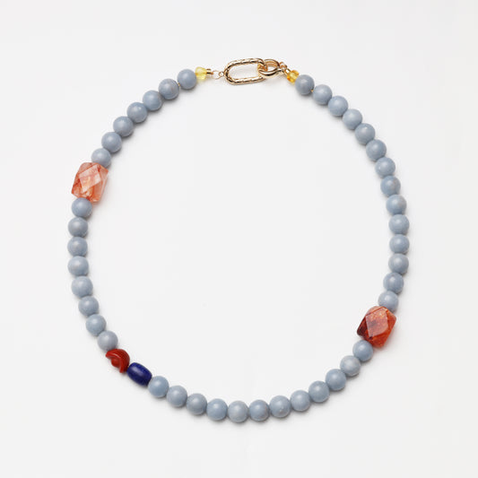 Celestite Round Bead, Red Flower Agate Freeform, Lapis Lazuli & Red Agate Necklace