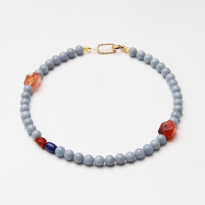 Celestite Round Bead, Red Flower Agate Freeform, Lapis Lazuli & Red Agate Necklace