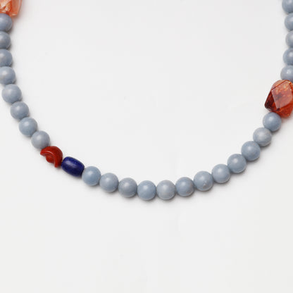 Celestite Round Bead, Red Flower Agate Freeform, Lapis Lazuli & Red Agate Necklace