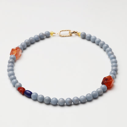 Celestite Round Bead, Red Flower Agate Freeform, Lapis Lazuli & Red Agate Necklace