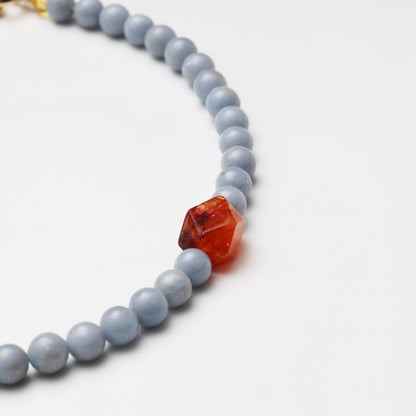 Celestite Round Bead, Red Flower Agate Freeform, Lapis Lazuli & Red Agate Necklace