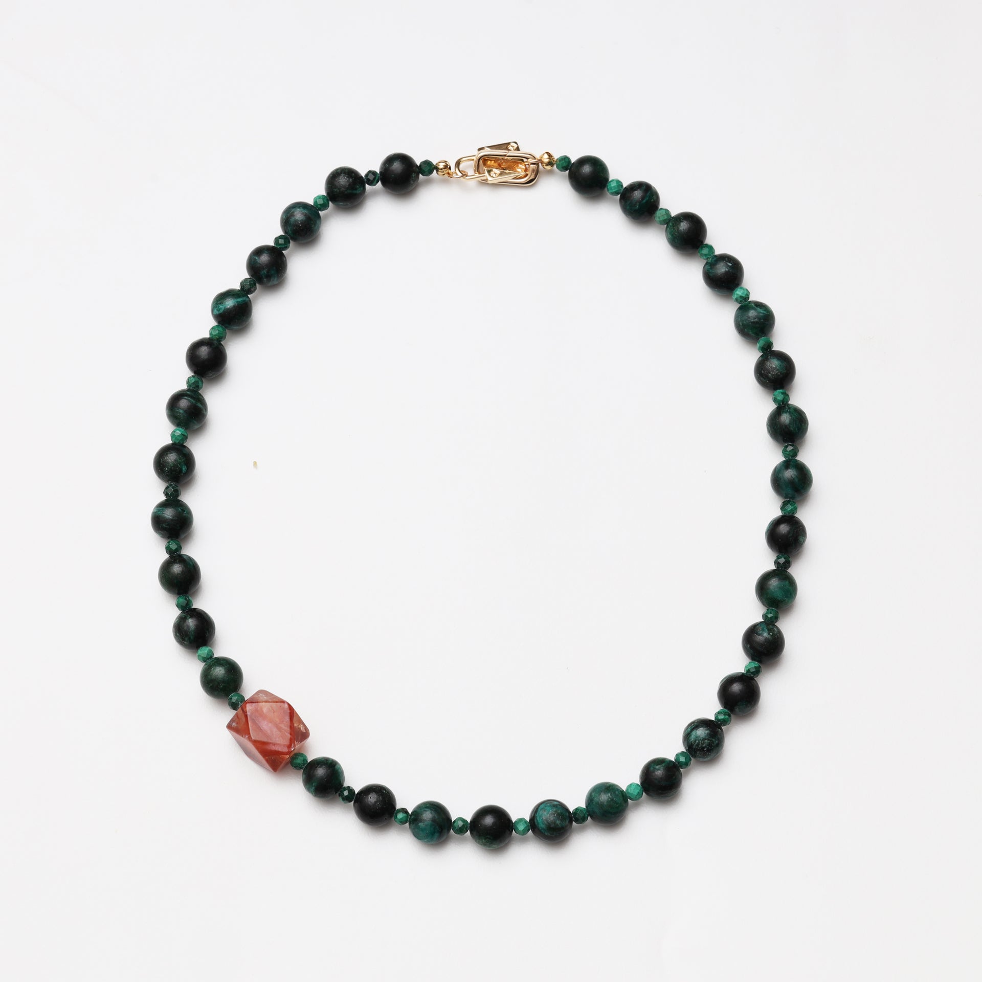 Tourmaline Round Bead, Faceted Malachite & Red Flower Agate Freeform Necklace