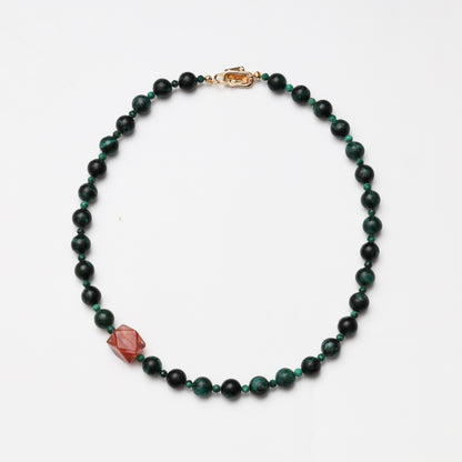 Tourmaline Round Bead, Faceted Malachite & Red Flower Agate Freeform Necklace