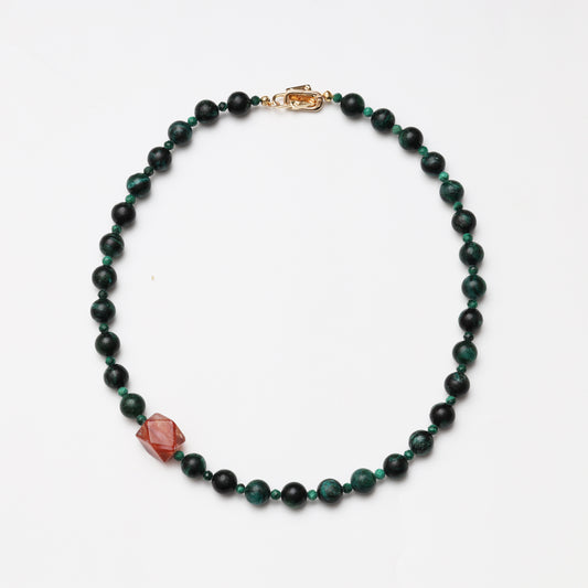 Tourmaline Round Bead, Faceted Malachite & Red Flower Agate Freeform Necklace