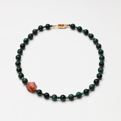Tourmaline Round Bead, Faceted Malachite & Red Flower Agate Freeform Necklace