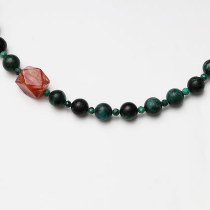 Tourmaline Round Bead, Faceted Malachite & Red Flower Agate Freeform Necklace
