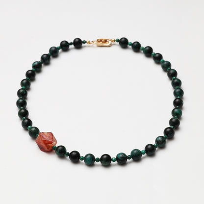 Tourmaline Round Bead, Faceted Malachite & Red Flower Agate Freeform Necklace