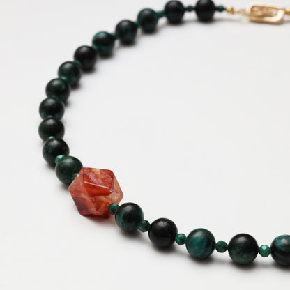 Tourmaline Round Bead, Faceted Malachite & Red Flower Agate Freeform Necklace