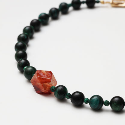 Tourmaline Round Bead, Faceted Malachite & Red Flower Agate Freeform Necklace