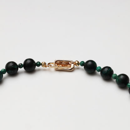 Tourmaline Round Bead, Faceted Malachite & Red Flower Agate Freeform Necklace