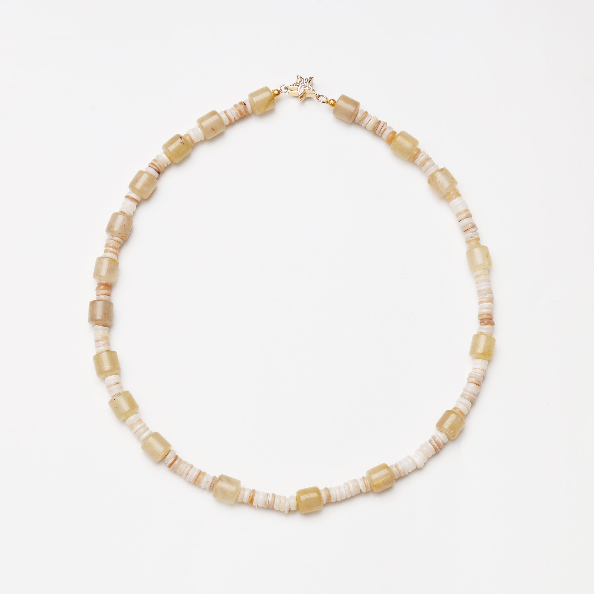 Rutilated Quartz Barrel Bead & Mother-of-Pearl Spacer Chip Necklace