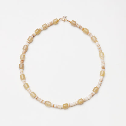 Rutilated Quartz Barrel Bead & Mother-of-Pearl Spacer Chip Necklace