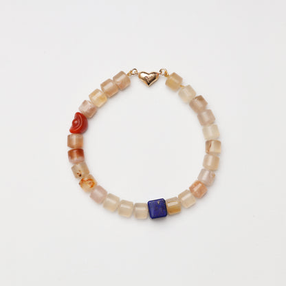 Cherry Blossom Agate Cylinder, Lapis Lazuli & Red Agate Ingot Bracelet