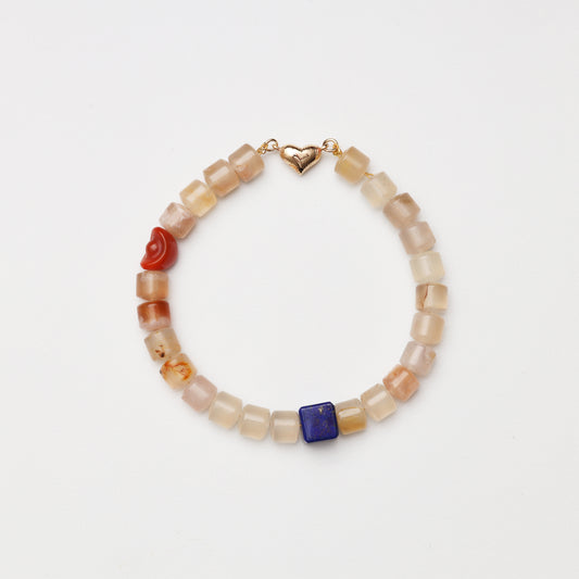 Cherry Blossom Agate Cylinder, Lapis Lazuli & Red Agate Ingot Bracelet
