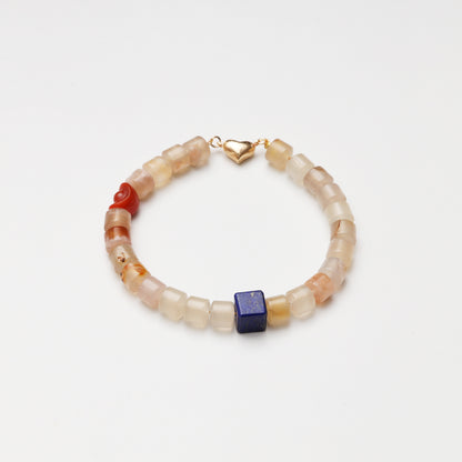 Cherry Blossom Agate Cylinder, Lapis Lazuli & Red Agate Ingot Bracelet