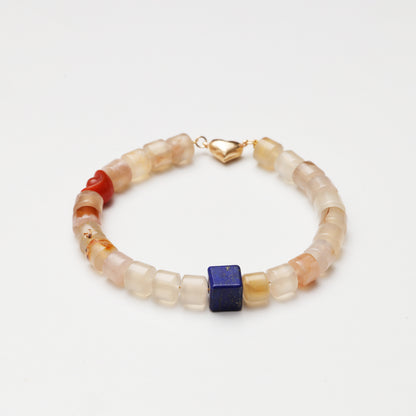 Cherry Blossom Agate Cylinder, Lapis Lazuli & Red Agate Ingot Bracelet