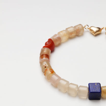 Cherry Blossom Agate Cylinder, Lapis Lazuli & Red Agate Ingot Bracelet