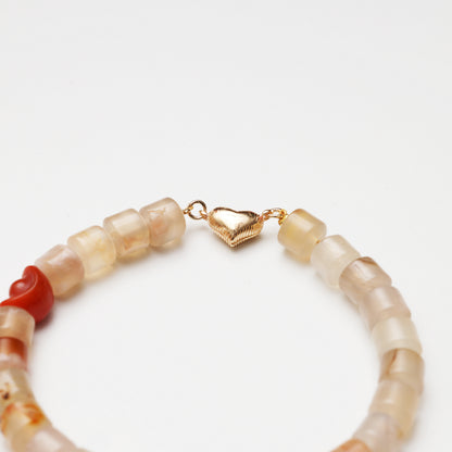 Cherry Blossom Agate Cylinder, Lapis Lazuli & Red Agate Ingot Bracelet
