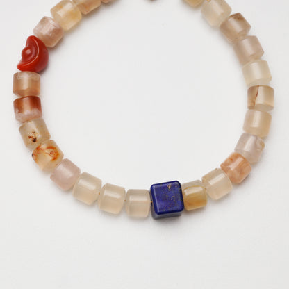 Cherry Blossom Agate Cylinder, Lapis Lazuli & Red Agate Ingot Bracelet